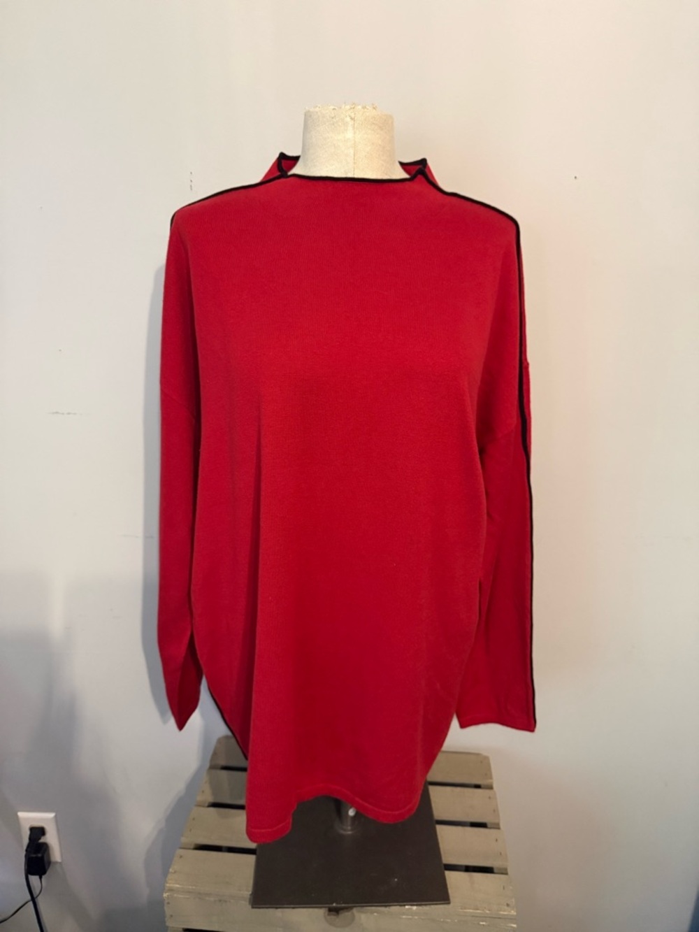 Chico's Red Long Sleeve Mock Neck Top with Black Trim
